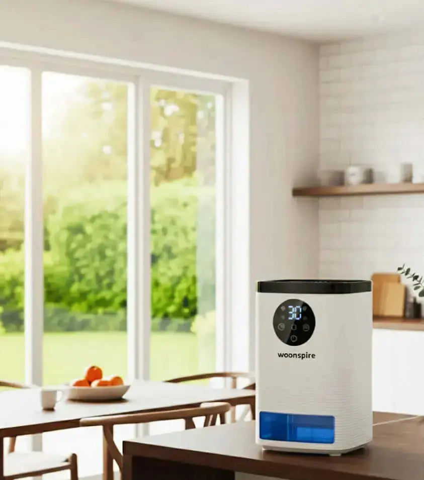Woonspire AirLite luchtontvochtiger op een tafel in een lichte woonkamer - Compact design voor dagelijks gebruik