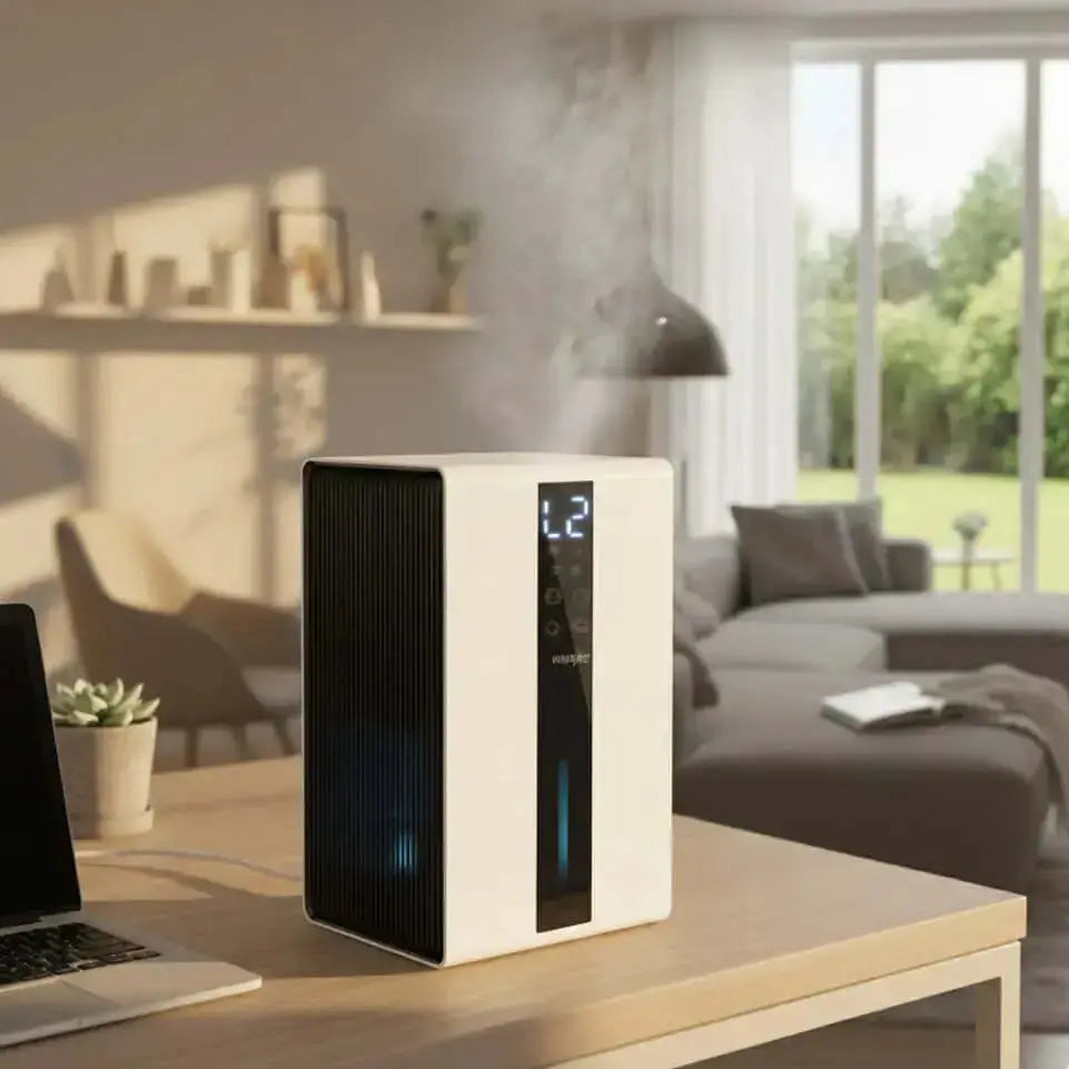 Woonspire AirPro luchtontvochtiger op een houten tafel in de woonkamer - Krachtige 500ml ontvochtiging